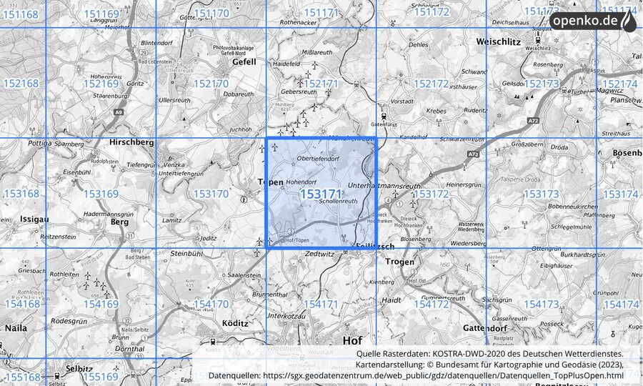 Übersichtskarte des KOSTRA-DWD-2020-Rasterfeldes Nr. 153171