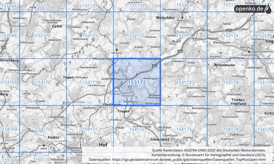 Übersichtskarte des KOSTRA-DWD-2020-Rasterfeldes Nr. 153172