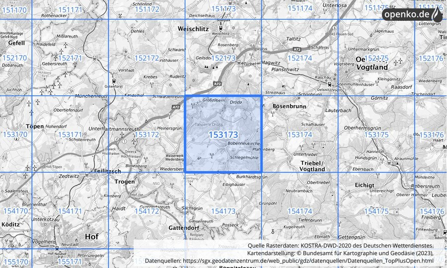 Übersichtskarte des KOSTRA-DWD-2020-Rasterfeldes Nr. 153173