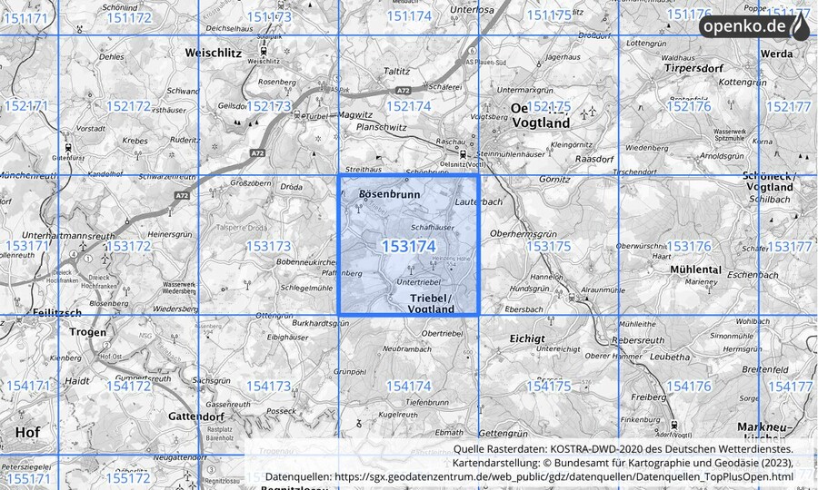 Übersichtskarte des KOSTRA-DWD-2020-Rasterfeldes Nr. 153174