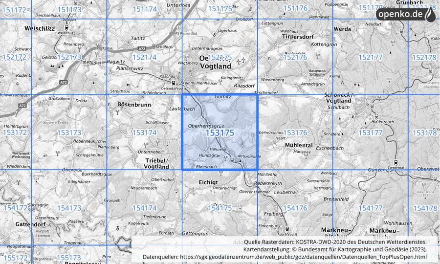 Übersichtskarte des KOSTRA-DWD-2020-Rasterfeldes Nr. 153175