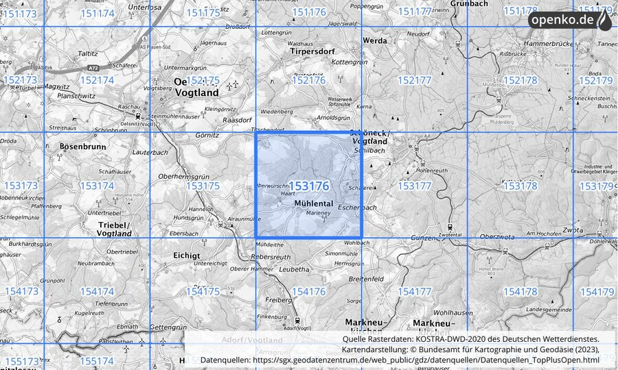 Übersichtskarte des KOSTRA-DWD-2020-Rasterfeldes Nr. 153176