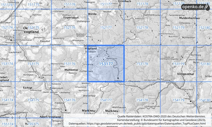 Übersichtskarte des KOSTRA-DWD-2020-Rasterfeldes Nr. 153177