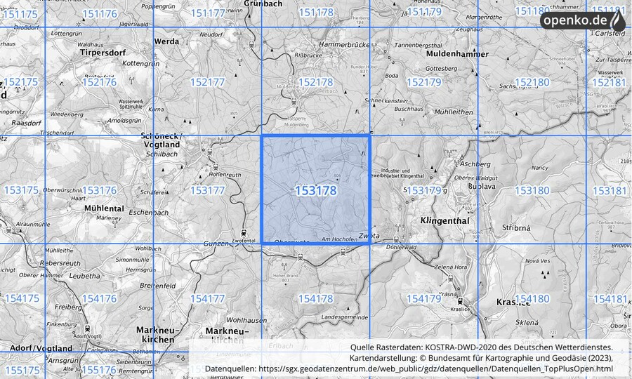 Übersichtskarte des KOSTRA-DWD-2020-Rasterfeldes Nr. 153178