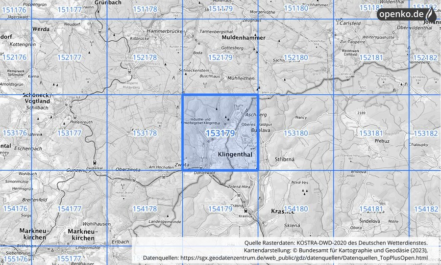 Übersichtskarte des KOSTRA-DWD-2020-Rasterfeldes Nr. 153179