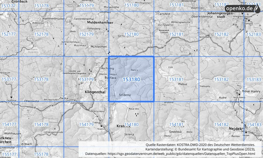 Übersichtskarte des KOSTRA-DWD-2020-Rasterfeldes Nr. 153180