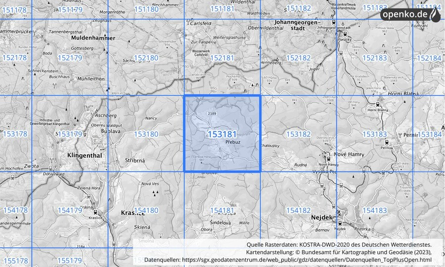 Übersichtskarte des KOSTRA-DWD-2020-Rasterfeldes Nr. 153181