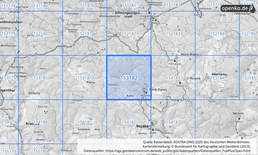 Übersichtskarte des KOSTRA-DWD-2020-Rasterfeldes Nr. 153182