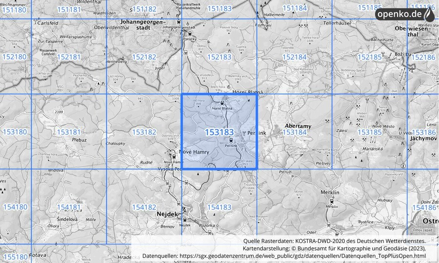 Übersichtskarte des KOSTRA-DWD-2020-Rasterfeldes Nr. 153183