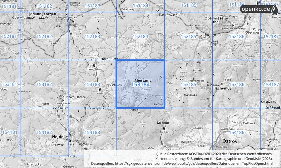 Übersichtskarte des KOSTRA-DWD-2020-Rasterfeldes Nr. 153184