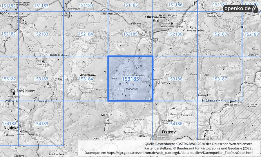 Übersichtskarte des KOSTRA-DWD-2020-Rasterfeldes Nr. 153185