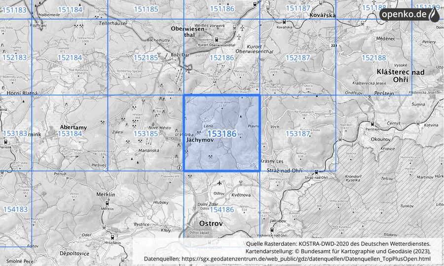 Übersichtskarte des KOSTRA-DWD-2020-Rasterfeldes Nr. 153186