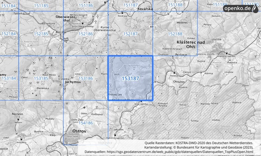 Übersichtskarte des KOSTRA-DWD-2020-Rasterfeldes Nr. 153187