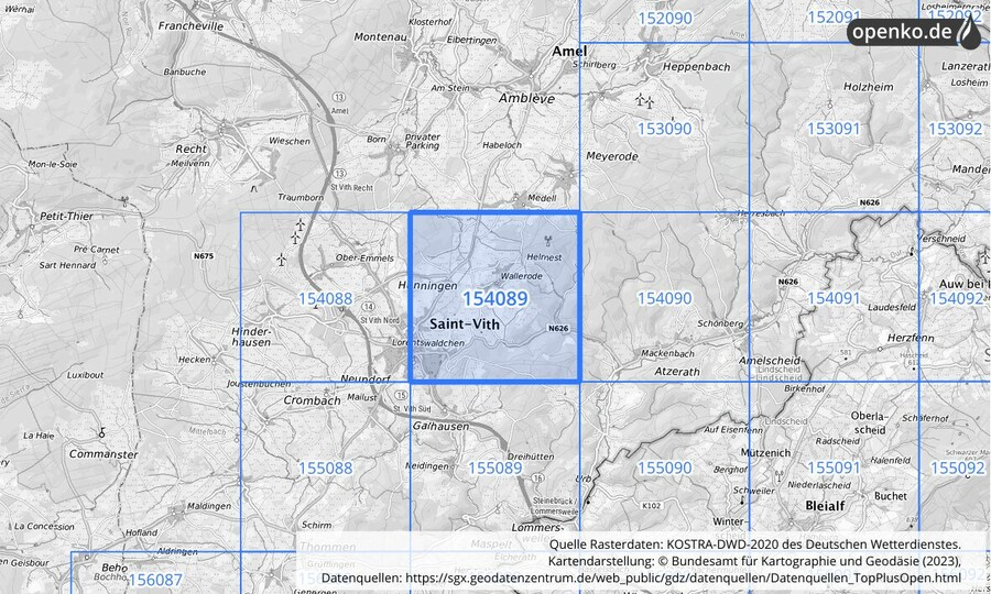 Übersichtskarte des KOSTRA-DWD-2020-Rasterfeldes Nr. 154089