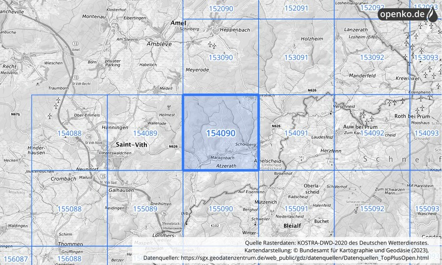 Übersichtskarte des KOSTRA-DWD-2020-Rasterfeldes Nr. 154090