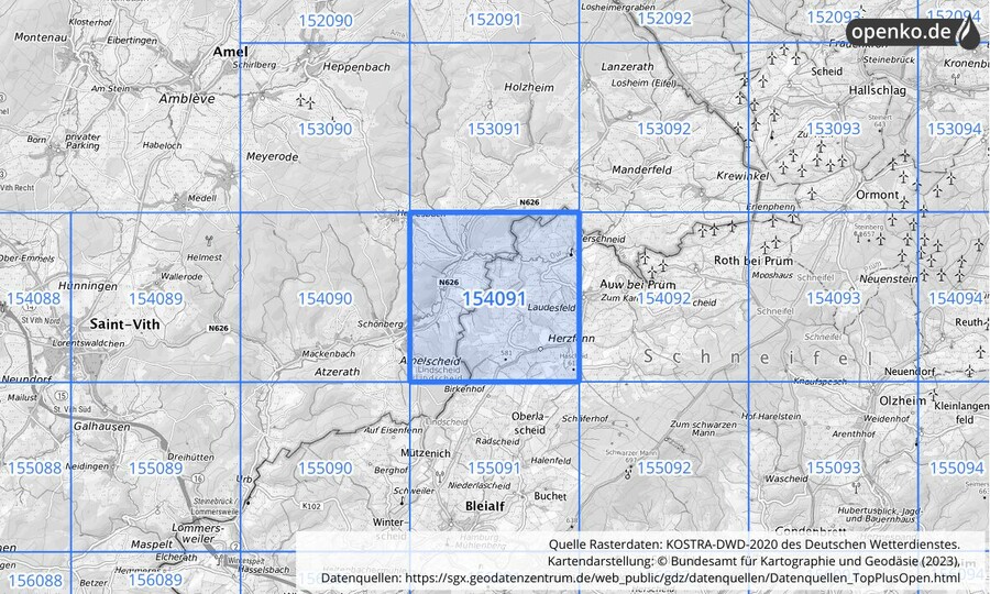 Übersichtskarte des KOSTRA-DWD-2020-Rasterfeldes Nr. 154091