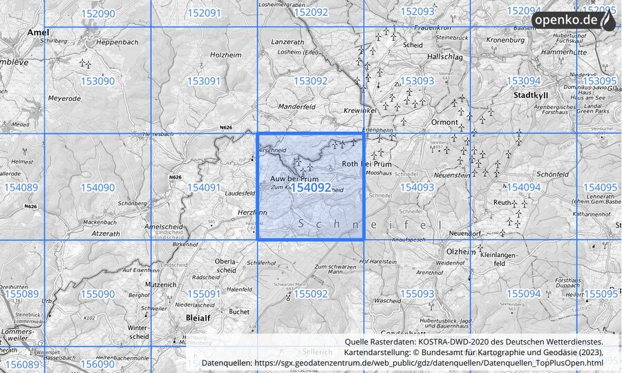 Übersichtskarte des KOSTRA-DWD-2020-Rasterfeldes Nr. 154092
