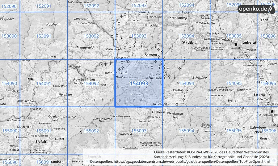 Übersichtskarte des KOSTRA-DWD-2020-Rasterfeldes Nr. 154093