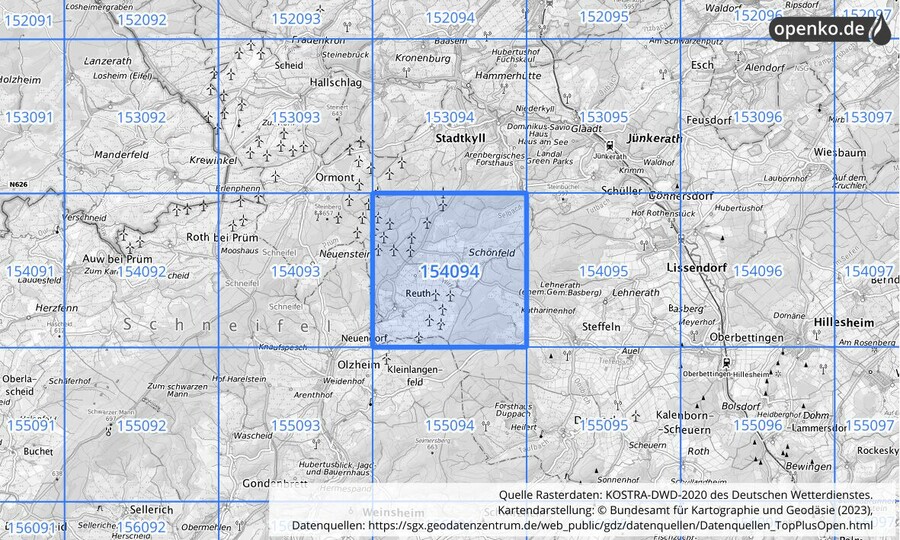 Übersichtskarte des KOSTRA-DWD-2020-Rasterfeldes Nr. 154094
