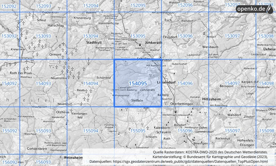 Übersichtskarte des KOSTRA-DWD-2020-Rasterfeldes Nr. 154095