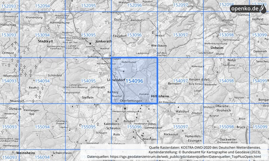 Übersichtskarte des KOSTRA-DWD-2020-Rasterfeldes Nr. 154096