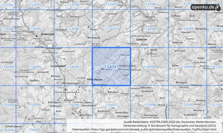 Übersichtskarte des KOSTRA-DWD-2020-Rasterfeldes Nr. 154097