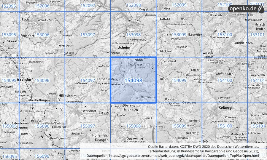 Übersichtskarte des KOSTRA-DWD-2020-Rasterfeldes Nr. 154098