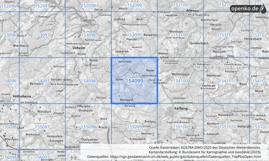 Übersichtskarte des KOSTRA-DWD-2020-Rasterfeldes Nr. 154099