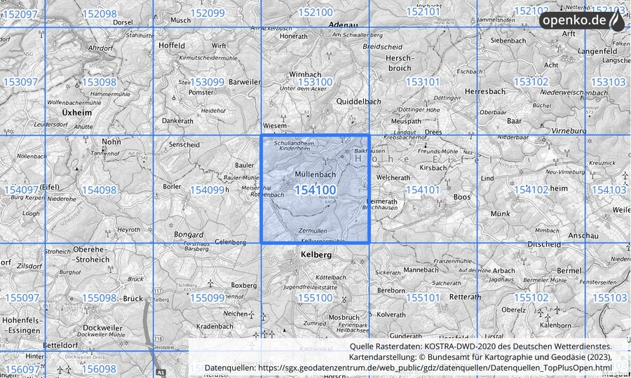 Übersichtskarte des KOSTRA-DWD-2020-Rasterfeldes Nr. 154100