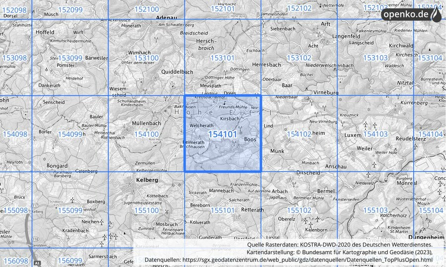 Übersichtskarte des KOSTRA-DWD-2020-Rasterfeldes Nr. 154101