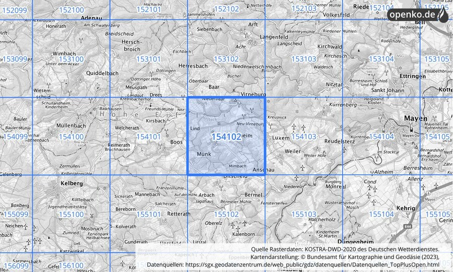 Übersichtskarte des KOSTRA-DWD-2020-Rasterfeldes Nr. 154102