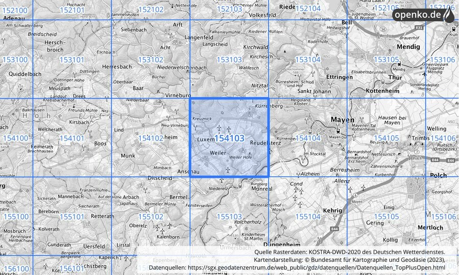 Übersichtskarte des KOSTRA-DWD-2020-Rasterfeldes Nr. 154103