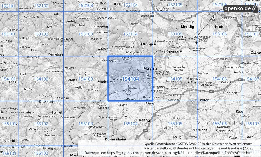 Übersichtskarte des KOSTRA-DWD-2020-Rasterfeldes Nr. 154104