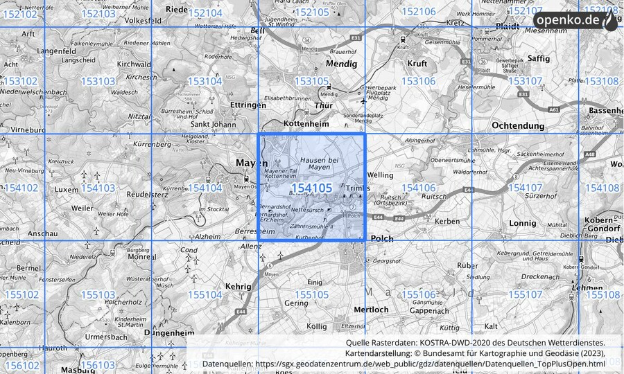 Übersichtskarte des KOSTRA-DWD-2020-Rasterfeldes Nr. 154105