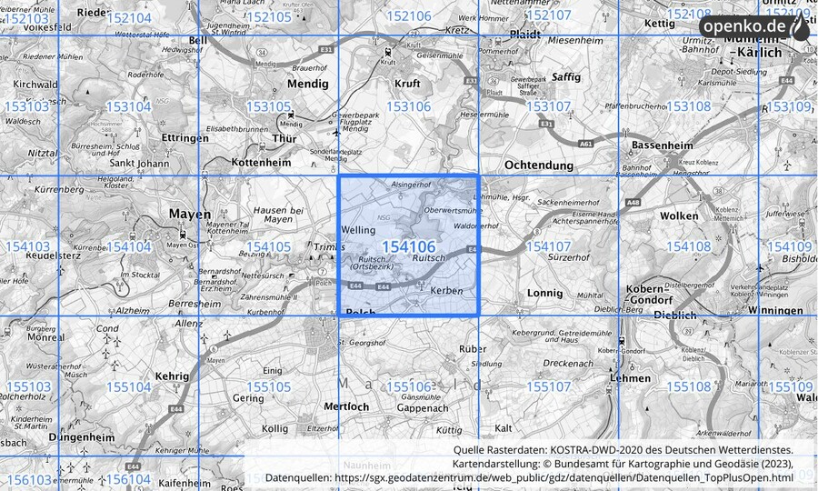 Übersichtskarte des KOSTRA-DWD-2020-Rasterfeldes Nr. 154106