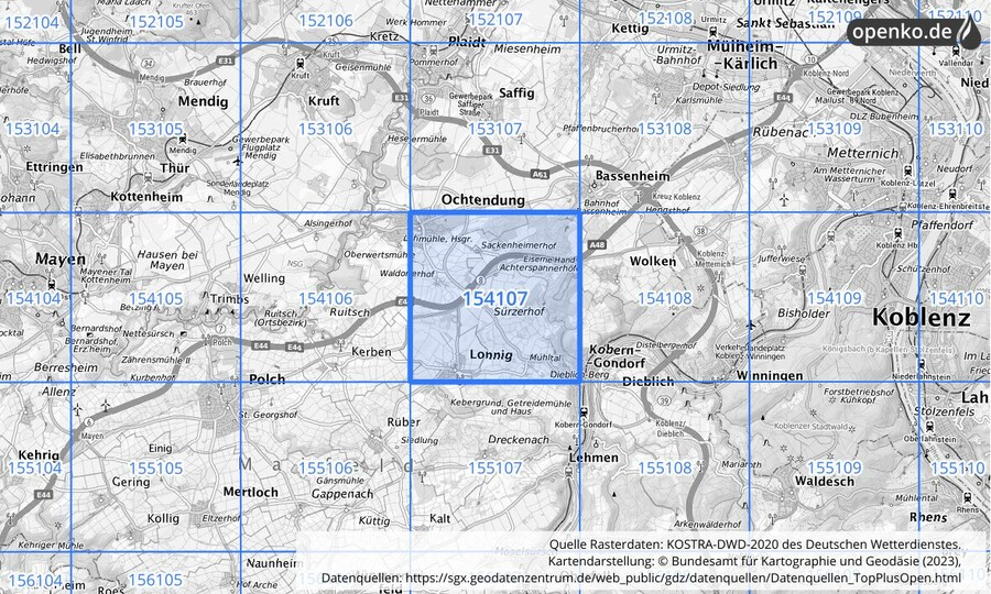 Übersichtskarte des KOSTRA-DWD-2020-Rasterfeldes Nr. 154107