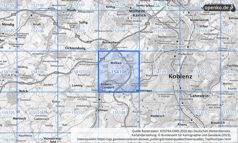 Übersichtskarte des KOSTRA-DWD-2020-Rasterfeldes Nr. 154108