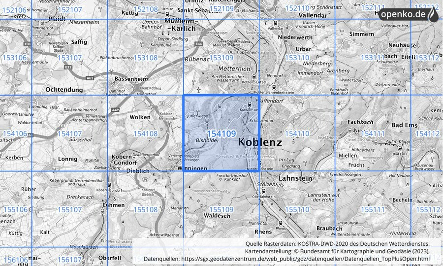 Übersichtskarte des KOSTRA-DWD-2020-Rasterfeldes Nr. 154109