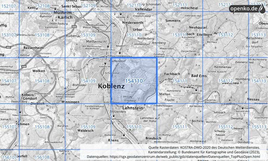 Übersichtskarte des KOSTRA-DWD-2020-Rasterfeldes Nr. 154110