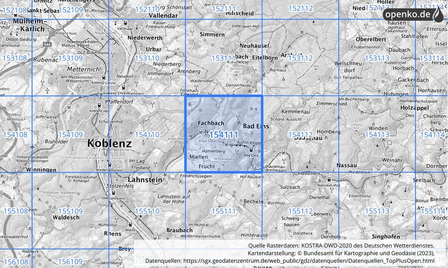 Übersichtskarte des KOSTRA-DWD-2020-Rasterfeldes Nr. 154111