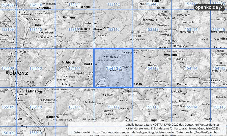 Übersichtskarte des KOSTRA-DWD-2020-Rasterfeldes Nr. 154112