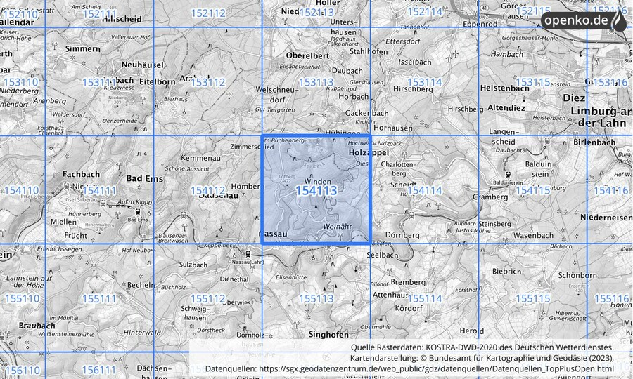 Übersichtskarte des KOSTRA-DWD-2020-Rasterfeldes Nr. 154113