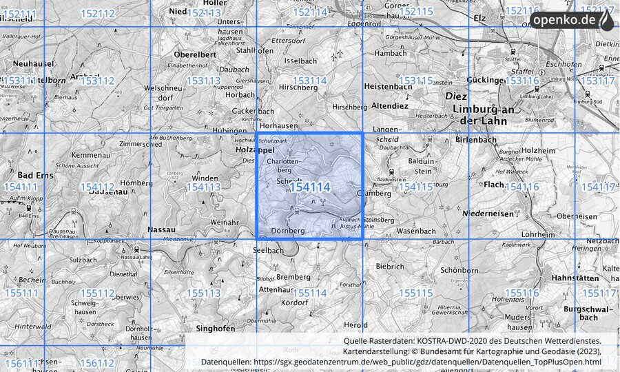 Übersichtskarte des KOSTRA-DWD-2020-Rasterfeldes Nr. 154114