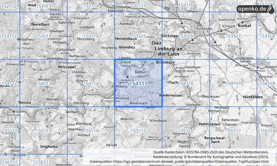 Übersichtskarte des KOSTRA-DWD-2020-Rasterfeldes Nr. 154115