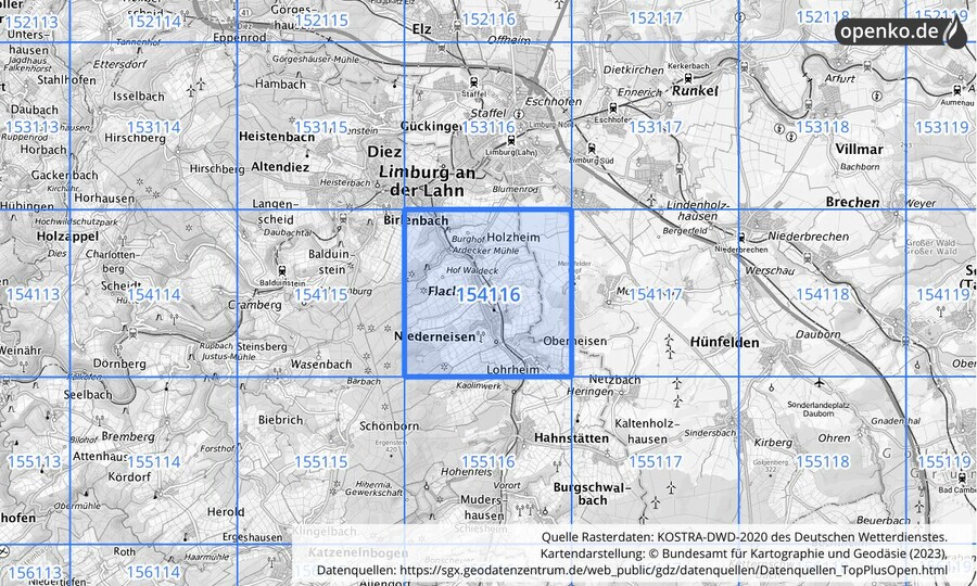 Übersichtskarte des KOSTRA-DWD-2020-Rasterfeldes Nr. 154116