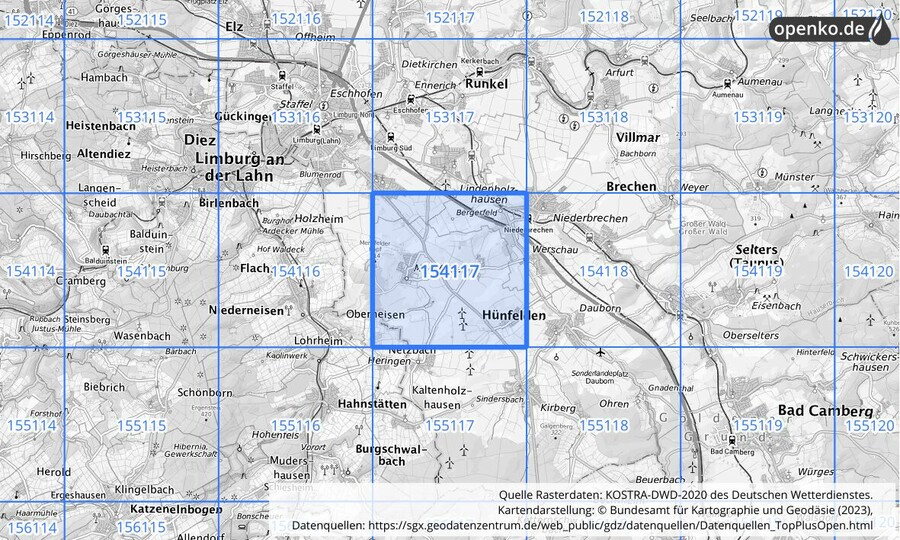 Übersichtskarte des KOSTRA-DWD-2020-Rasterfeldes Nr. 154117