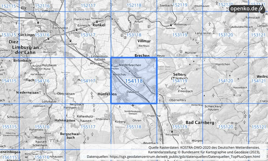 Übersichtskarte des KOSTRA-DWD-2020-Rasterfeldes Nr. 154118