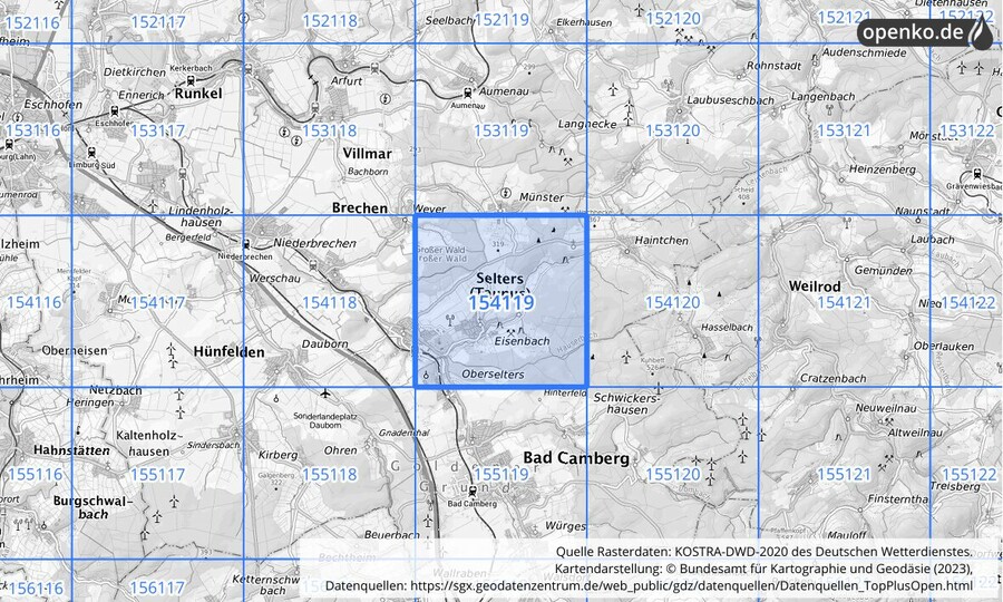 Übersichtskarte des KOSTRA-DWD-2020-Rasterfeldes Nr. 154119