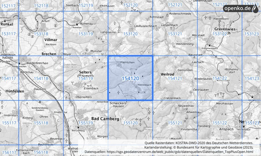 Übersichtskarte des KOSTRA-DWD-2020-Rasterfeldes Nr. 154120
