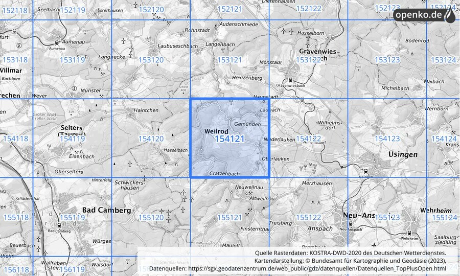 Übersichtskarte des KOSTRA-DWD-2020-Rasterfeldes Nr. 154121